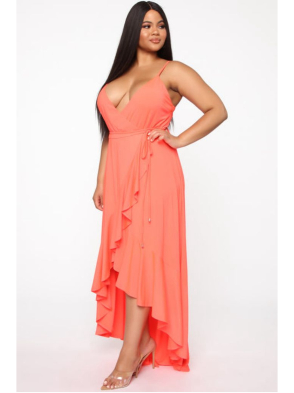Women's Brand New Fashion Nova Neon Coral High Low Wrap Dress With Ruffle Hem XL